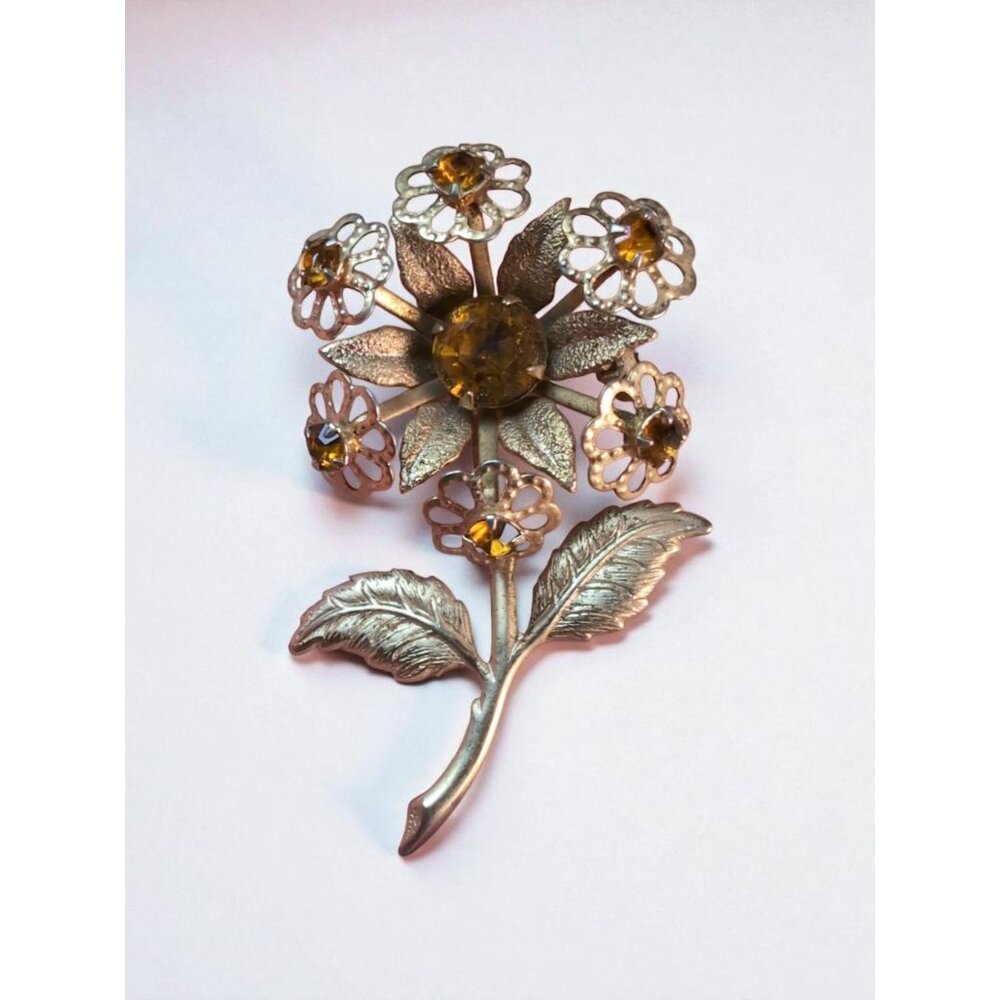 Vintage 1950s Amber Rhinestone Floral Brooch 2" Riveted Settings Gold-Tone MCM